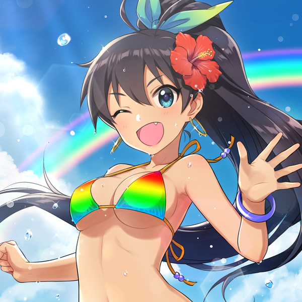 Anime picture 975x975 with idolmaster ganaha hibiki morikura en single long hair breasts open mouth light erotic black hair smile upper body ponytail :d one eye closed hair flower aqua eyes wink fang (fangs) underboob girl