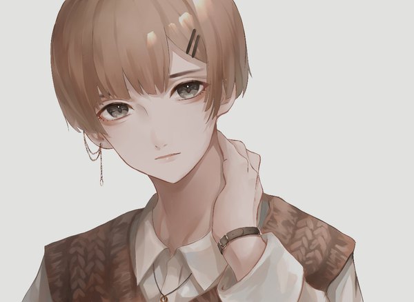 Anime picture 1144x836 with original yoruirooo777 single looking at viewer short hair simple background brown hair upper body black eyes grey background piercing ear piercing arm around neck boy pendant bobby pin