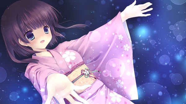 Anime picture 1280x720 with izayoi no fortuna kujou otome miyasaka miyu blush short hair blue eyes brown hair wide image game cg traditional clothes japanese clothes loli spread arms girl kimono obi