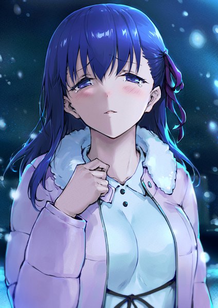 Anime-Bild 778x1100 mit fate (series) fate/stay night matou sakura haoni single long hair tall image looking at viewer blush fringe breasts blue eyes hair between eyes blue hair upper body outdoors parted lips night open jacket night sky