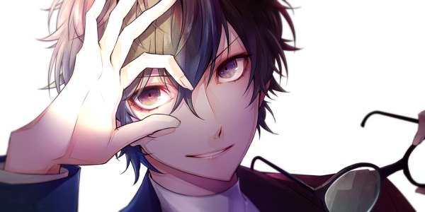 Anime picture 2400x1200 with persona 5 persona amamiya ren yuu (isis7796) single looking at viewer fringe highres short hair black hair simple background smile hair between eyes wide image white background fingernails black eyes face long fingernails eyewear removed