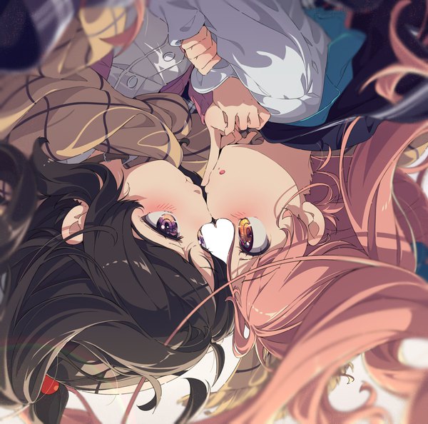 Anime picture 4047x4012 with original ogipote long hair blush fringe highres open mouth black hair purple eyes multiple girls brown eyes pink hair absurdres profile blurry floating hair shoujo ai face to face eye contact upside down