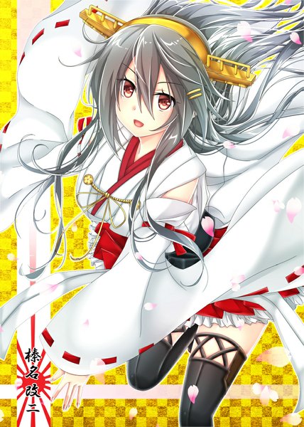 Anime picture 800x1120 with kantai collection haruna battleship baretto single long hair tall image looking at viewer open mouth black hair red eyes traditional clothes girl thighhighs hair ornament black thighhighs detached sleeves petals