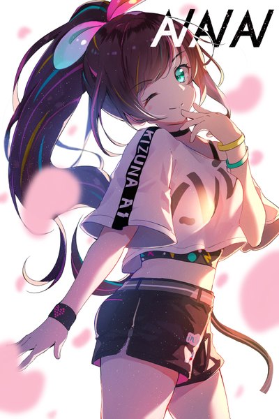 Anime picture 1280x1920 with virtual youtuber a.i. channel kizuna ai kizuna ai (musician) sanasedayo single long hair tall image looking at viewer blush fringe simple background brown hair standing white background payot ponytail head tilt one eye closed multicolored hair