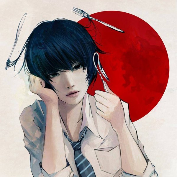Anime picture 800x800 with original wataboku single fringe short hair hair between eyes blue hair looking away upper body parted lips head tilt lips black eyes leaning magic striped open collar expressionless chin rest thinking