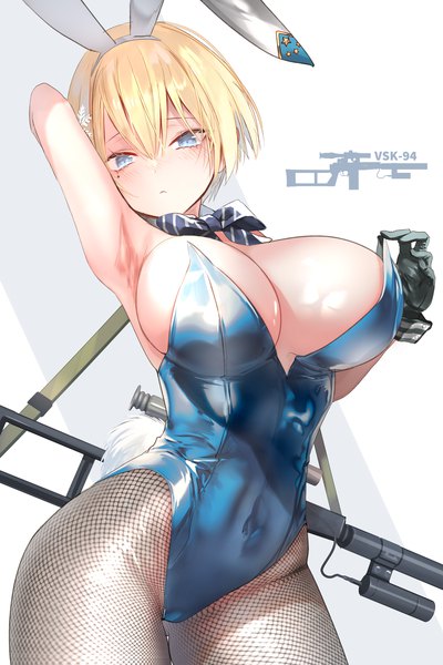 Anime picture 2400x3600 with girls frontline vsk-94 (girls frontline) pottsness single tall image looking at viewer blush fringe highres short hair breasts blue eyes light erotic simple background blonde hair hair between eyes large breasts standing animal ears cleavage