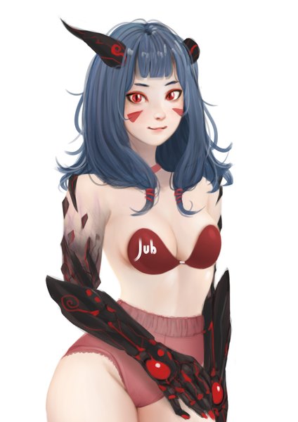 Anime picture 2480x3508 with original yoo-bi (jubi) jubi (regiana) single long hair tall image looking at viewer highres breasts light erotic simple background smile red eyes large breasts white background signed blue hair cleavage horn (horns) facial mark
