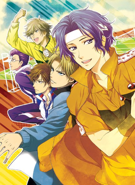 Anime picture 583x800 with prince of tennis yukimura seiichi shiraishi kuranosuke atobe keigo tezuka kunimitsu kite eishirou chikariya tall image short hair open mouth blue eyes blonde hair smile brown hair purple eyes brown eyes looking away purple hair profile arm up