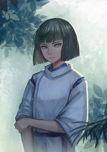 Anime picture 1000x1414 with spirited away studio ghibli haku (spirited away) bryanth single tall image fringe short hair standing green eyes looking away traditional clothes japanese clothes green hair boy plant (plants)