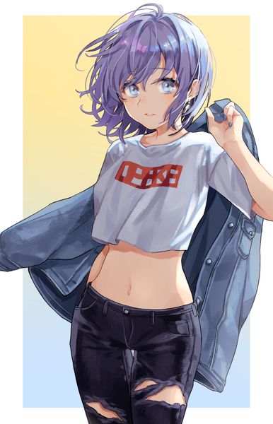 Anime picture 1481x2300 with original saino (sainoomisaki) single tall image looking at viewer blush fringe short hair blue eyes simple background hair between eyes standing holding purple hair nail polish parted lips arm up fingernails bare belly short sleeves