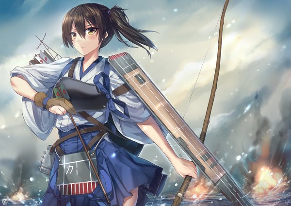 Anime picture 1980x1400 with kantai collection kaga aircraft carrier luzi (coffee-straw-luzi) single highres short hair black hair yellow eyes sky cloud (clouds) traditional clothes side ponytail girl weapon armor bow (weapon) breastplate muneate