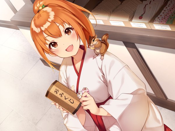 Anime picture 1120x840 with original pokachu single long hair looking at viewer blush open mouth smile brown eyes ponytail traditional clothes :d japanese clothes from above orange hair official art fang (fangs) miko animal on shoulder girl