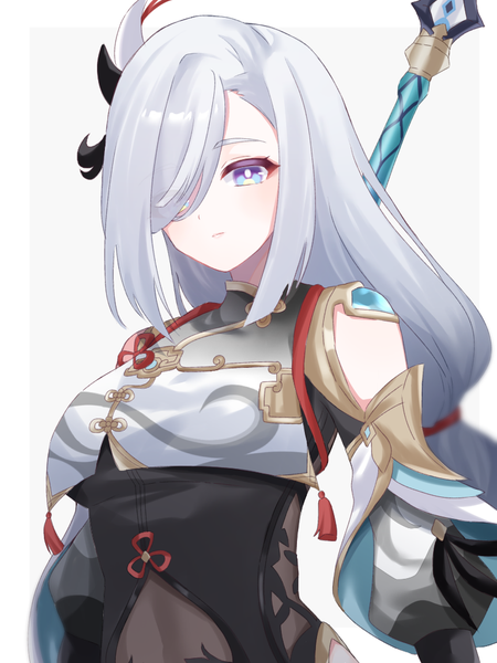 Anime picture 768x1024 with genshin impact shenhe (genshin impact) kino (curry pan) single long hair tall image fringe blue eyes simple background silver hair upper body hair over one eye grey background border outside border girl weapon spear