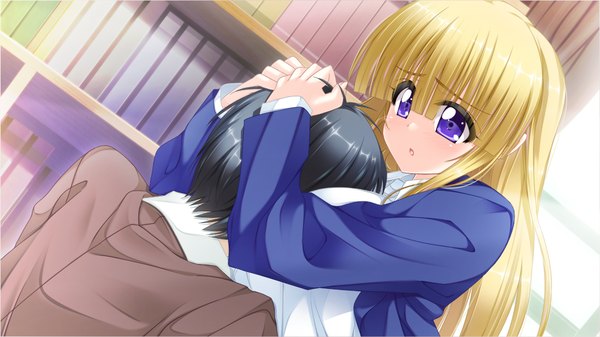 Anime picture 1024x576 with mirai wa kimi ni koishiteru black hair blonde hair wide image purple eyes game cg hug girl boy