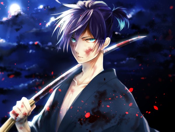 Anime picture 2829x2150 with noragami studio bones yato (noragami) hkm (hsk10) single looking at viewer highres short hair holding sky cloud (clouds) ponytail traditional clothes japanese clothes aqua eyes night glowing glowing eye (eyes) glow bloody weapon
