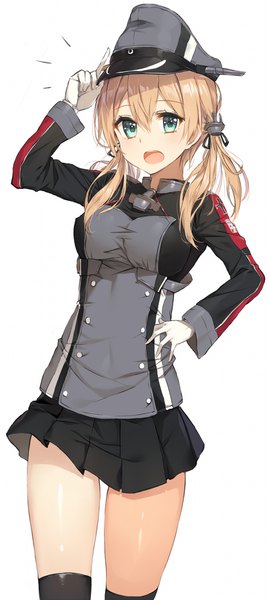 Anime picture 900x2004 with kantai collection prinz eugen (kantai collection) rikoma single long hair tall image looking at viewer blush fringe open mouth blonde hair hair between eyes standing white background twintails upper body ahoge pleated skirt aqua eyes zettai ryouiki
