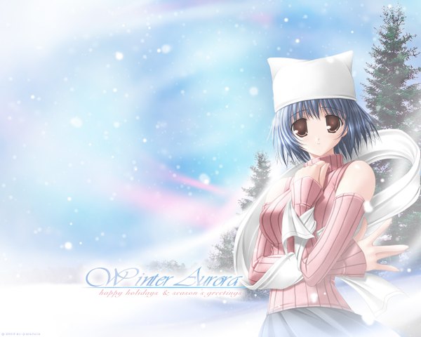 Anime picture 1280x1024 with snow (game) studio mebius kitazato shigure sakaki maki single looking at viewer short hair brown eyes animal ears blue hair cat girl snowing winter snow third-party edit girl plant (plants) hat tree (trees)