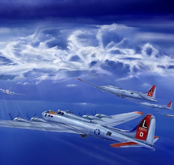 Anime picture 1000x950 with original kcme sky cloud (clouds) flying weapon airplane bomber b-17