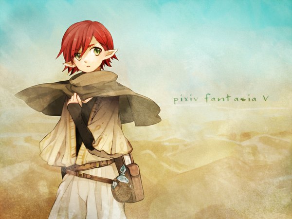 Anime picture 1000x750 with original pixiv fantasia pixiv fantasia v tama (songe) single short hair green eyes looking away red hair wind pointy ears inscription sand desert boy detached sleeves cape fanny pack
