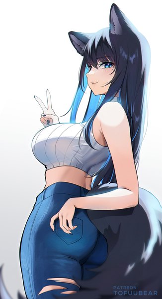 Anime picture 3050x5610 with original reiko (tofuubear) tofuubear single long hair tall image looking at viewer fringe highres blue eyes light erotic black hair simple background smile hair between eyes standing white background signed animal ears absurdres