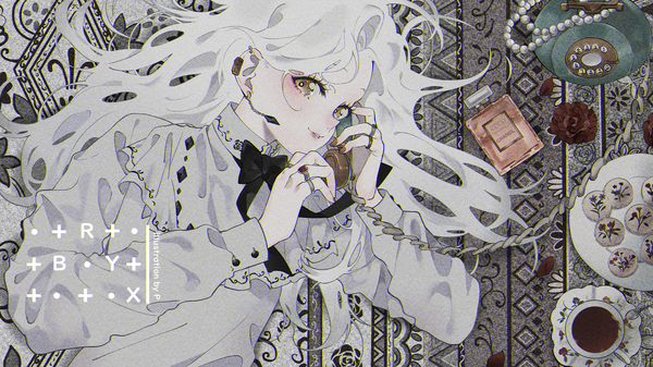 Anime picture 2667x1500 with original chanel p (pkochan) single long hair looking at viewer highres wide image brown eyes white hair lying nail polish piercing ear piercing girl flower (flowers) ring cup blouse phone