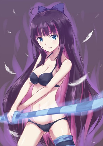 Anime picture 706x1000 with panty & stocking with garterbelt anarchy stocking stocking (psg) single long hair tall image looking at viewer breasts blue eyes light erotic large breasts standing holding pink hair purple hair multicolored hair grey background bare belly colored inner hair girl