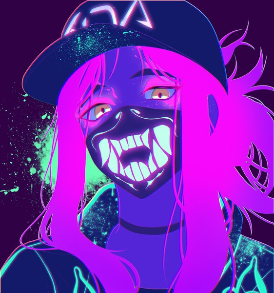 Anime picture 1920x2048 with league of legends k/da (league of legends) akali (league of legends) k/da akali lemonpear single long hair tall image looking at viewer highres simple background yellow eyes payot pink hair ponytail face ultraviolet light girl choker baseball cap