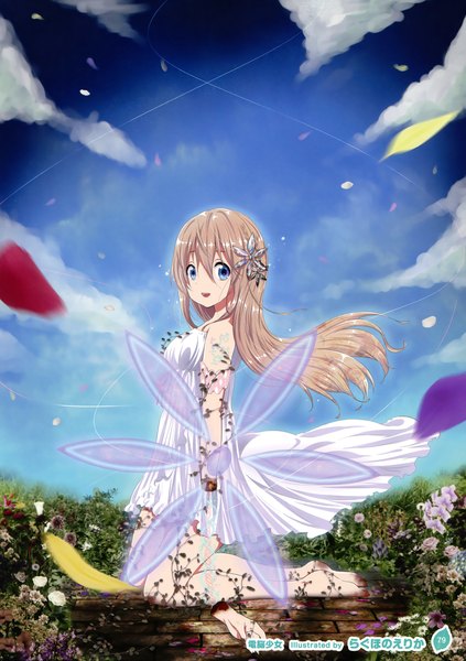 Anime picture 2536x3600 with girls, girls, girls! 10 (artbook) ragho no erika single long hair tall image looking at viewer highres open mouth blue eyes blonde hair sky cloud (clouds) scan official art bare legs girl dress hair ornament flower (flowers) plant (plants)