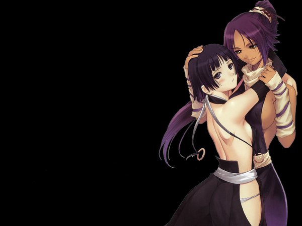Anime picture 1024x768 with bleach studio pierrot shihouin yoruichi soifon tony taka light erotic black background girl