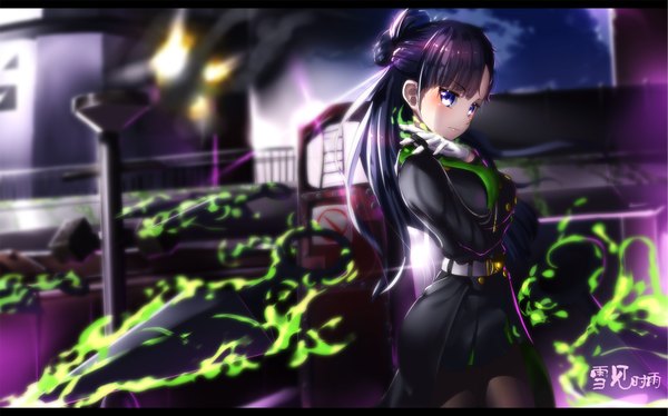 Anime picture 1809x1130 with owari no seraph wit studio yukimi shigure hk (hak) single long hair looking at viewer highres blue eyes wide image purple hair letterboxed girl weapon