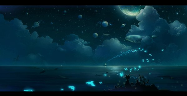 Anime picture 1500x774 with original bingzhoushi wide image sky cloud (clouds) night night sky letterboxed no people animal water sea bird (birds) moon star (stars) cat full moon planet whale dolphin