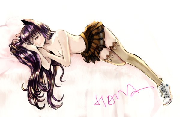 Anime picture 1214x792 with unlight say hana long hair looking at viewer fringe breasts light erotic signed animal ears purple hair lying pleated skirt one eye closed pink eyes wink on side topless hand on face girl thighhighs