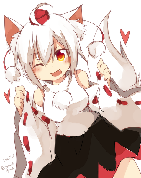 Anime picture 957x1200 with touhou inubashiri momiji tosura-ayato single tall image blush fringe short hair open mouth simple background hair between eyes red eyes white background bare shoulders signed animal ears ahoge white hair tail animal tail