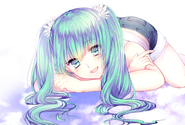 Anime picture 1263x858 with vocaloid hatsune miku sakurako single long hair looking at viewer blush fringe open mouth simple background smile hair between eyes white background twintails bare shoulders green eyes lying head tilt hair flower green hair