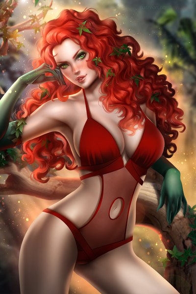 Anime picture 3000x4501 with batman dc comics poison ivy ayyasap single long hair tall image looking at viewer blush highres breasts light erotic large breasts standing green eyes signed cleavage outdoors red hair parted lips