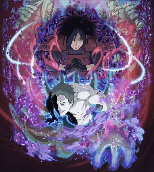 Anime picture 1011x1131 with naruto studio pierrot naruto (series) uchiha madara zetsu shiroshikun666 long hair tall image looking at viewer black hair smile red eyes green eyes grey hair multiple boys teeth third-party edit hands clasped sharp teeth interlocked fingers