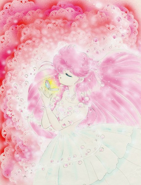 Anime picture 781x1022 with wedding peach hanasaki momoko nao yazawa single long hair tall image fringe pink hair eyes closed very long hair hair over one eye magic girl dress petals white dress lace wedding dress