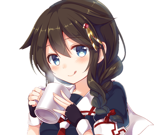 Anime picture 800x685 with kantai collection shigure destroyer emilion single long hair looking at viewer blush fringe blue eyes smile hair between eyes brown hair holding upper body braid (braids) short sleeves single braid portrait transparent background steam
