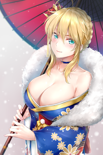 Anime-Bild 4000x6000 mit fate (series) fate/grand order artoria pendragon (all) artoria pendragon (lancer) rei kun single tall image looking at viewer blush fringe highres short hair breasts light erotic blonde hair hair between eyes large breasts standing bare shoulders holding