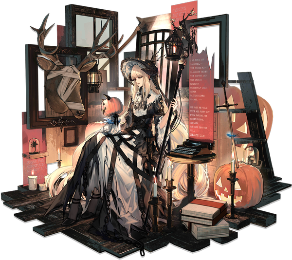 Anime picture 2023x1801 with arknights nightingale (arknights) nightingale (an elegy) (arknights) skade single fringe highres blonde hair sitting full body blunt bangs very long hair horn (horns) official art high heels official alternate costume halloween transparent background empty picture frame girl