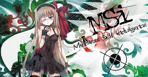 Anime picture 2000x1043 with k.g long hair highres blonde hair wide image green eyes nail polish goth-loli girl dress flower (flowers) bow fingerless gloves bandage (bandages) eyepatch guitar