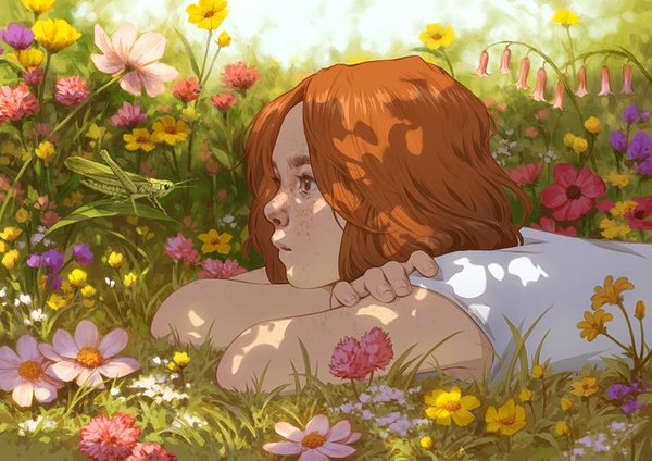 Anime picture 800x566 with original djamilaknopf single short hair brown eyes outdoors lying profile lips sunlight orange hair shadow eyebrows on stomach summer freckles girl flower (flowers) plant (plants) insect