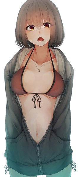 Anime picture 878x1994 with original waterdog single tall image looking at viewer blush short hair breasts open mouth light erotic simple background brown hair white background brown eyes open jacket hands in pockets girl navel swimsuit bikini
