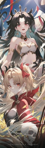 Anime-Bild 4000x12961 mit fate (series) fate/grand order ishtar (fate) ereshkigal (fate) szh--- long hair tall image looking at viewer highres open mouth black hair blonde hair red eyes multiple girls absurdres :d two side up character names skeleton incredibly absurdres