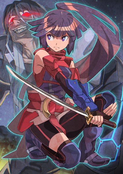 Anime picture 724x1023 with log horizon akatsuki (log horizon) enheart nelreth rano long hair tall image fringe short hair black hair smile red eyes purple eyes bare shoulders purple hair ponytail grin glowing squat glowing eye (eyes) fighting stance