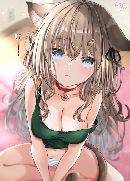 Anime picture 1500x2098 with original akino ell single long hair tall image looking at viewer blush fringe breasts blue eyes light erotic hair between eyes brown hair large breasts sitting bare shoulders signed animal ears indoors tail