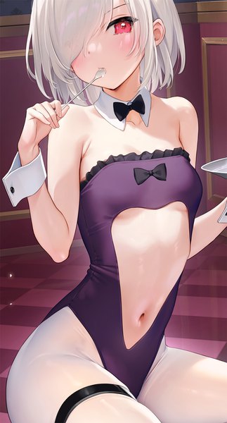 Anime-Bild 618x1147 mit original mignon single tall image looking at viewer blush fringe short hair breasts light erotic red eyes sitting bare shoulders holding white hair indoors hair over one eye underboob checkered floor floor