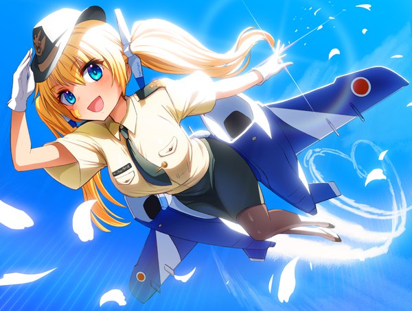 Anime picture 8078x6120 with monster strike wildcat (monster strike) gibagiba single long hair looking at viewer blush fringe highres open mouth blue eyes blonde hair smile hair between eyes twintails absurdres sky full body outdoors :d