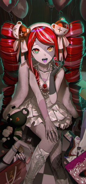 Anime picture 1000x2140 with virtual youtuber hololive hololive indonesia kureiji ollie honnou (kjs9504) single long hair tall image twintails red hair from above heterochromia official alternate costume drill hair symbol-shaped pupils saliva saliva trail zombie girl dress