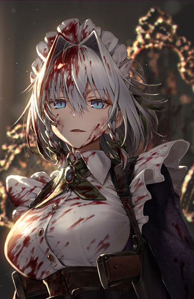 Anime picture 1295x1998 with touhou izayoi sakuya greenkohgen single tall image fringe short hair blue eyes light erotic hair between eyes silver hair upper body braid (braids) maid twin braids blood on face underbust bloody clothes girl uniform